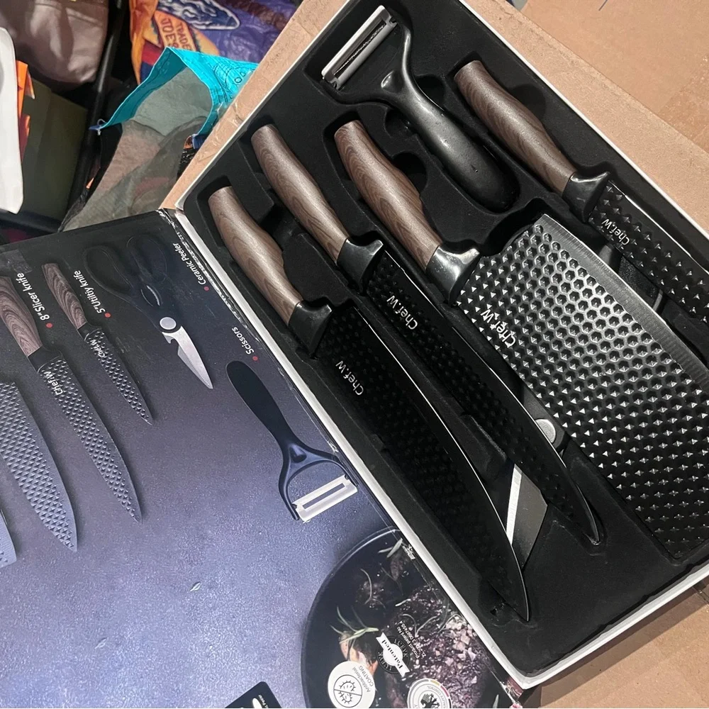 Black Textured 6-Piece Kitchen Knife Set for Men Grooming